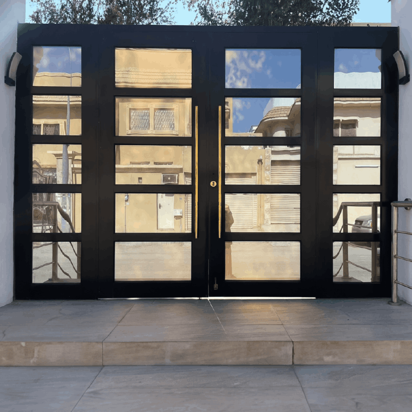 Modern panoramic garage door with sleek design and large glass panels